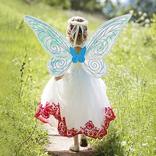 Barn Glitrende Sheer Fairy Wings Halloween Elf Fancy Dress, Blå
