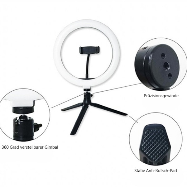 Ring Light med 360 graders roterande stativ, 10 tums dimbar LED-belysning för skrivbordsplacering, trådlös Bluetooth-fjärrkontroll ingår