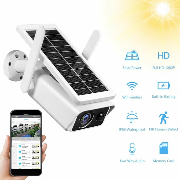 Utomhuskamera för säkerhet, solcellsdriven kontinuerlig laddning med smart PIR-rörelsesensor, ultraklar upplösning, strålkastare, IP66 vattentät, fjärrstyrd