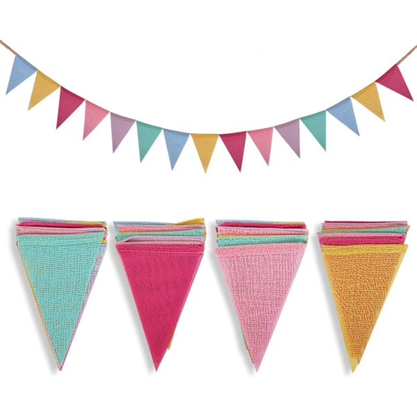 Justerbar Bunting Banner i Imiterat Linne, Färgglada Vimpelflaggor för Utomhusdekoration, Hållbar Jute Triangelflagg Tvättbar och Återanvändbar