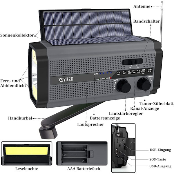 Solcellsdriven Nödradio med Handvev, Överlevnadskit med Flera Strömkällor, 5000mAh Powerbank, NOAA Väderuppdateringar, LED-Ficklampa, Läslampa, Mobil