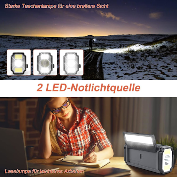 Solcellsdriven Nödradio med Handvev, Överlevnadskit med Flera Strömkällor, 5000mAh Powerbank, NOAA Väderuppdateringar, LED-Ficklampa, Läslampa, Mobil