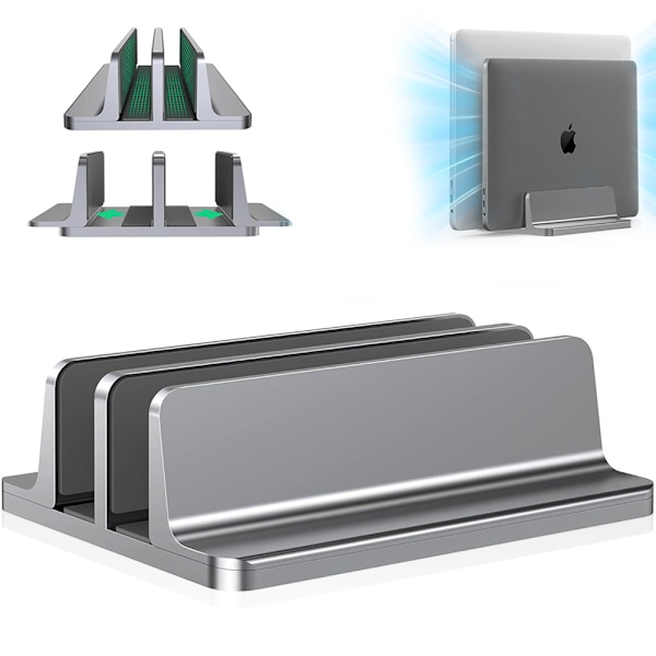 Vertikal Notebook Stand, Noonedibs, Spacer, til 14/17\" Laptop, Telefon, Tablet, Dobbelt, Beskyttelse mod Ridser, Justerbar Bredde, Skridsikker Måtte, Grå