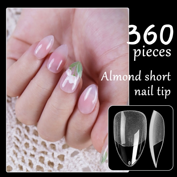 Almond Short Nail Tips, Full Cover Nail Tips, Pre-Shaped Semi-Matte Tips Nails Gelly Nail Tips-360 Pieces 12-Sizes, 4 Sheets Nail Glue