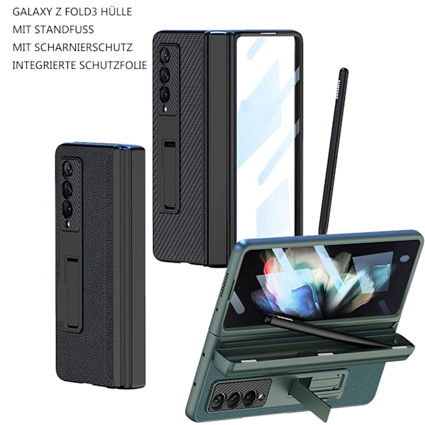 Galaxy Z Fold 3 Skal, Pennhållare, Läder på Baksidan, Magnetiskt Gångjärnsskydd, Stöd för Trådlös Laddning för Samsung Galaxy Z Fold 3 5G (Guld)