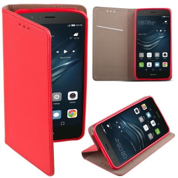 Huawei P9 Lite Flip-fodral Röd - Moozy® Magnetic Smart Slim Case-fodral med hopfällbart ställ och telefonhållare i silikon