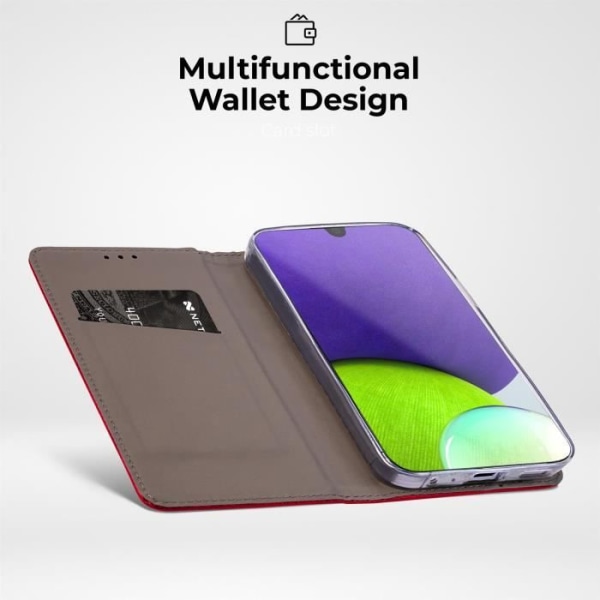 Moozy Samsung A22 4G Flip Fodral, Röd - Smart Magnetic Flip Wallet Fodral med korthållare och