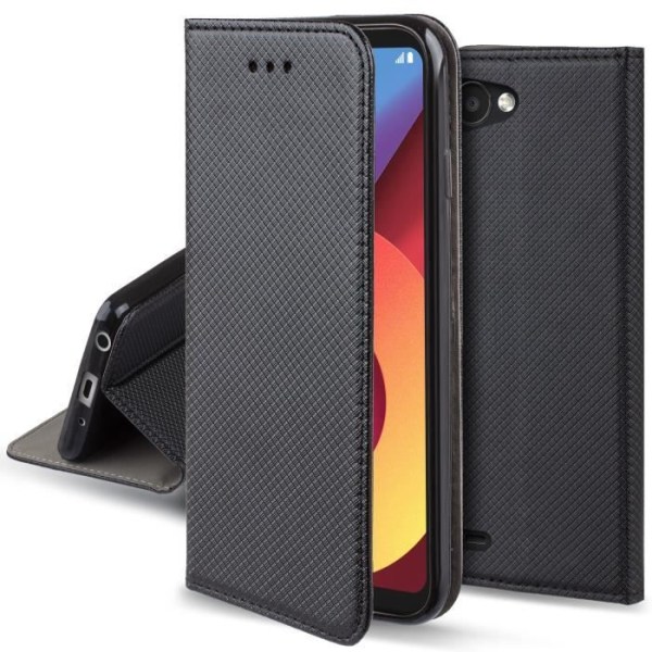 Moozy Flip Fodral för LG Q6, Svart - Smal Magnetic Smart Case Cover med korthållare och stativ