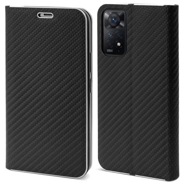 Moozy Wallet Case för Xiaomi Redmi Note 11 Pro 5G och 4G, Carbon Black - Flip-fodral med metallkant