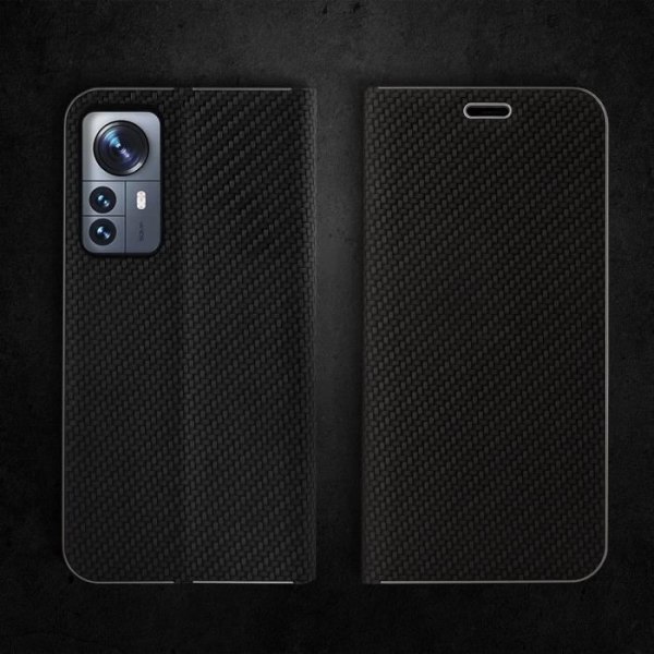 Moozy Wallet Case för Xiaomi 12 Pro, Carbon Black - Flip-fodral med metallkant, magnetisk stängning,