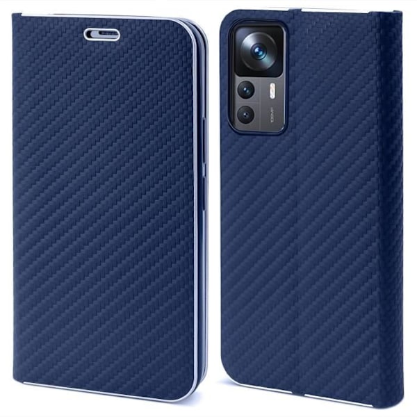 Moozy Wallet Case för Xiaomi 12T och 12T Pro, Dark Carbon Blue - Flip-fodral med metalldetaljer,