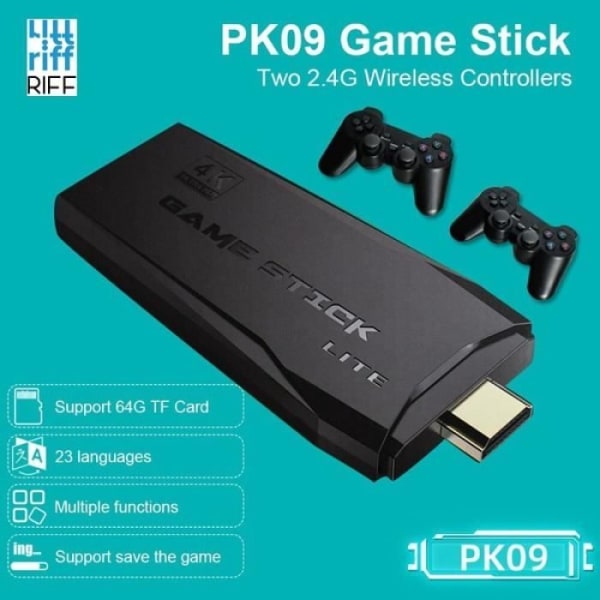 RIFF PK-09 Lite HDMI Retro Mini 4K Spelkonsol Linux 4100 Videospelare Spelkonsol med trådlösa kontroller 64GB Svart