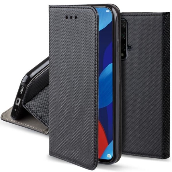 Moozy Flip Fodral för Huawei Nova 5T och Honor 20, Svart - Smal Magnetic Smart Case-fodral med korthållare och stativ