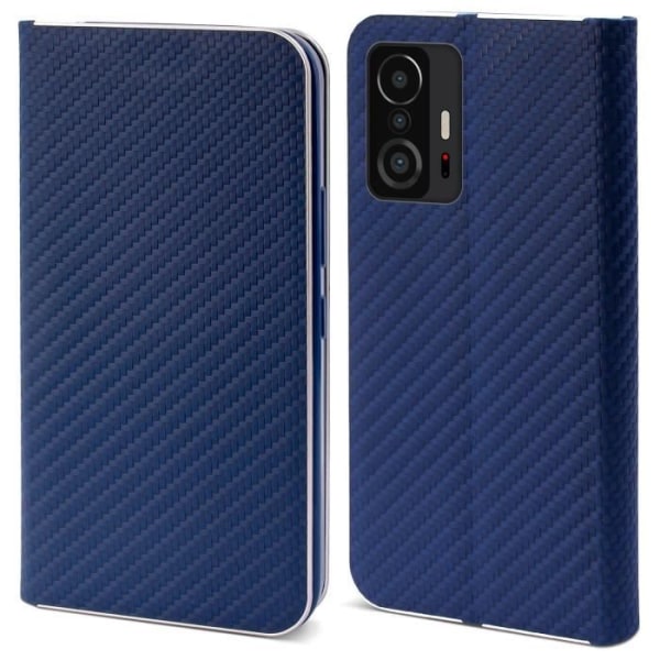 Moozy Wallet Case för Xiaomi 11T och 11T Pro, Dark Carbon Blue - Flip-fodral med metalldetaljer,