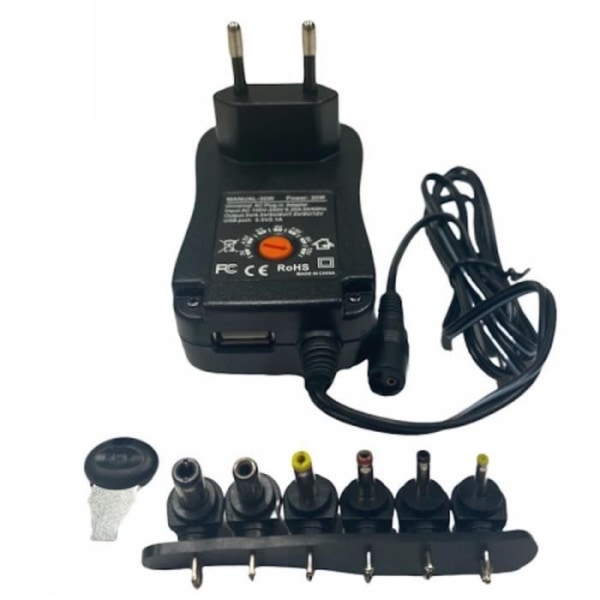 Riff Universal 12-30W (Max 2.1A) + USB-strömadapter med 3-12V manuell strömbrytare och 6-packs pluggar
