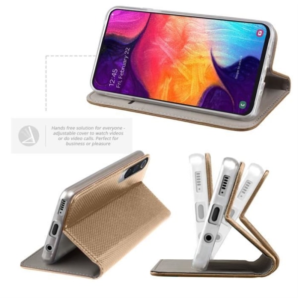 Moozy Flip Fodral till Samsung A50, Guld - Slim Smart Magnetic med korthållare och stativ