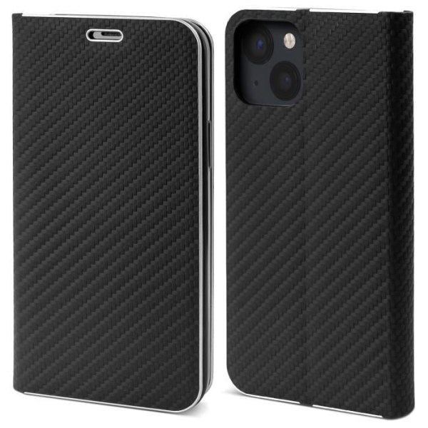 Moozy Flip Fodral till iPhone 13, Carbon Black - Metalliskt kantskydd med korthållare
