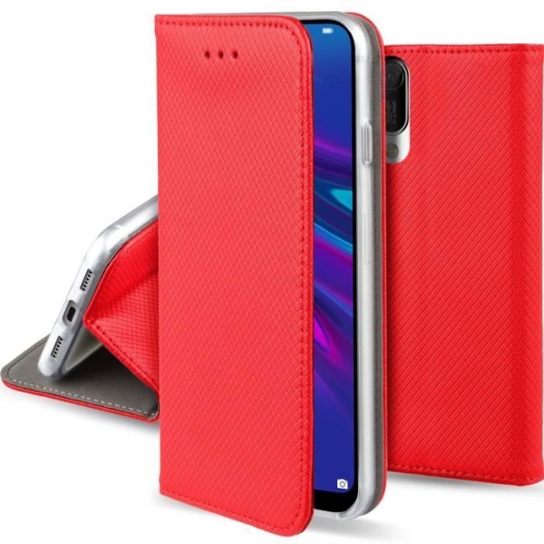 Moozy Flip Fodral för Huawei Y6 2019, Röd - Slim Smart Magnetic med korthållare och stativ