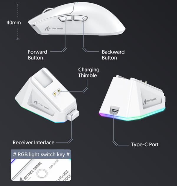 Trådløs Bluetooth-mus Attack Shark X11 PAW3311, gamingmus til PC 2.4G 400IPS RGB (sort)