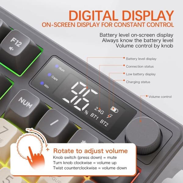 Trådløst tastatur - ABIESSENCE - M96 - Indbygget skærm - Bluetooth/USB dobbelt tilstand - Holdbart PBT