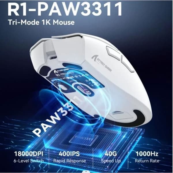 Spilmus - ATTACK SHARK - R1 - Tri-mode (kablet/2,4 GHz/Bluetooth) - 800–18000 DPI - 59 g