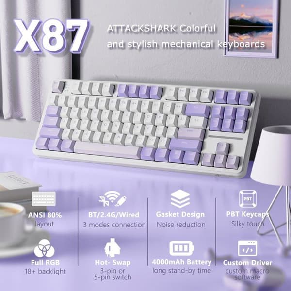 80% mekanisk tastatur - 1001 BATTERIER - X87 - Hot-swappable - RGB programmerbar - Bluetooth/2.4G/USB-C