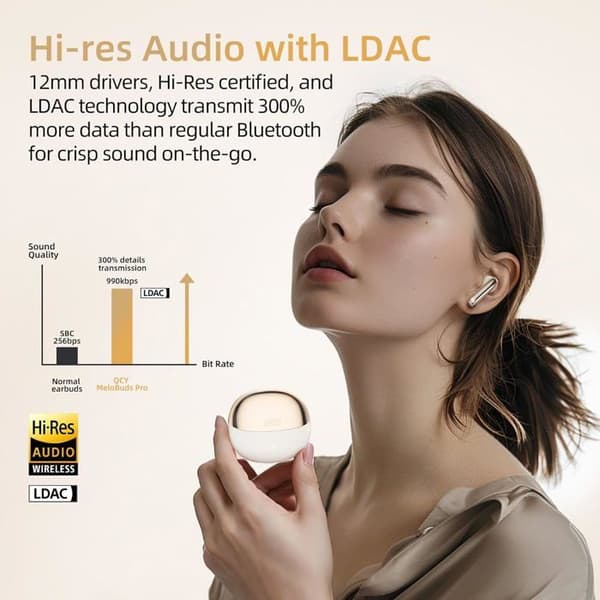 Trådlösa Bluetooth-hörlurar - QCY - MeloBuds Pro - ANC 99% - LDAC Hi-Res - Batteritid 34 h