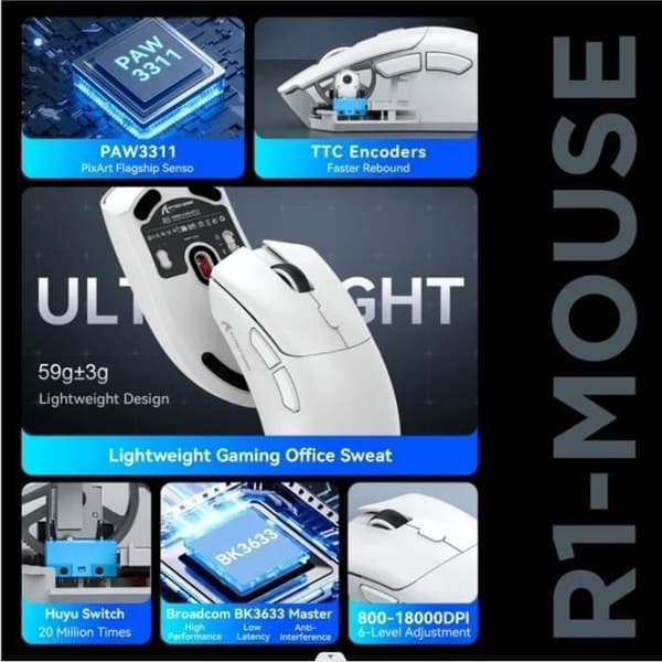 Spilmus - NOBRAND - R1 - Tri-mode USB-C/2.4G/BT - PAW3311 sensor - Justerbar DPI op til 18.000
