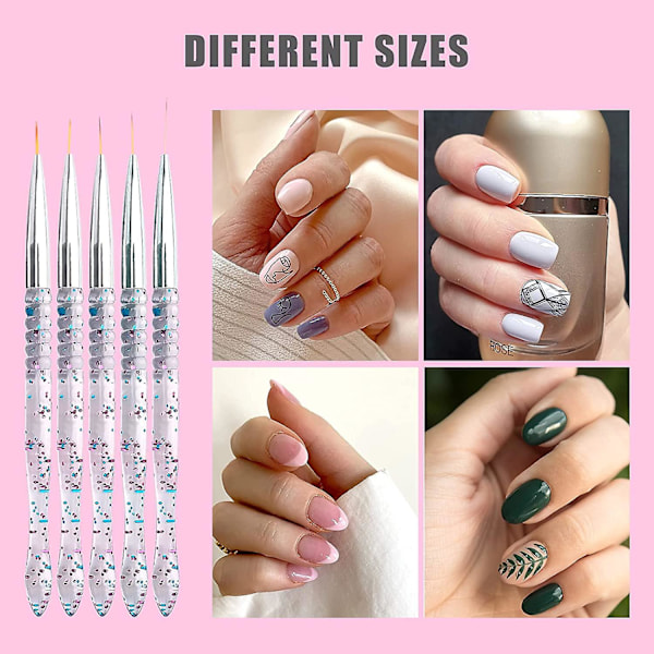 5 st 7/9/11/15/20 mm nagelborste set, en akryl kristall borste liner nagelkonst nylon borsthuvud nagelverktyg för DIY-design