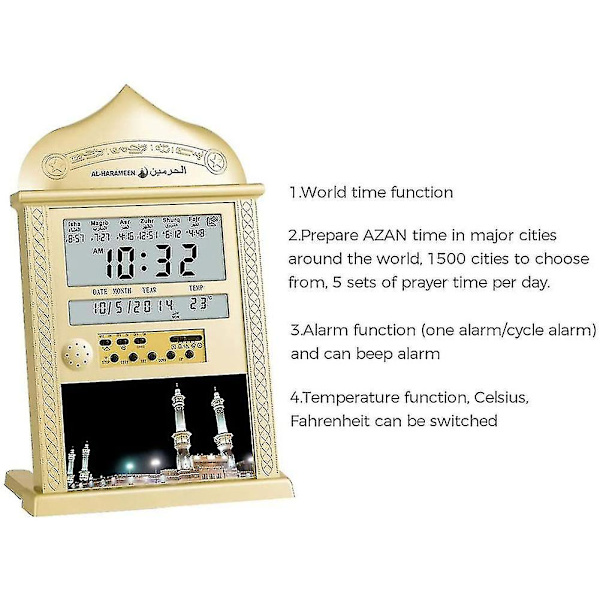 Azan-klocka Athan böne klocka automatisk Azan vägg böne klocka islamisk muslimsk guld