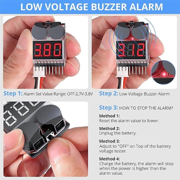 5 stk 2 i 1 1-8S Lipo Batterispenningstester, RC Lavspenningssummeralarm, Batteriovervåker for Lipo/Li-Ion
