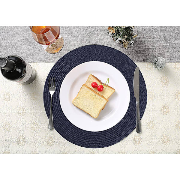 Pyöreät tablettien setti, 6 kpl, halkaisija 38 cm, kudotut lämmönkestävät pestävät pöytätabletit kotiin, keittiöön, ruokapöytään, ulos, juhliin, laivastonsininen