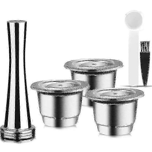 Genanvendelige Kapsler, Rustfrit Stål, 3 stk. Genopfyldnings Puder til Nespresso + 1 Tamper + 1 Ske + 1