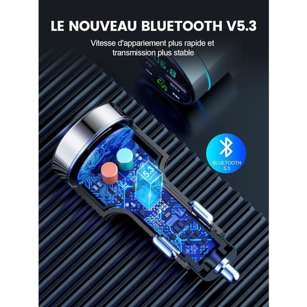 Bluetooth 5.3 FM-sender, biloplader i metal med Bluetooth, PD30W Type-C+QC3.0 hurtig biloplader, støjreduktion