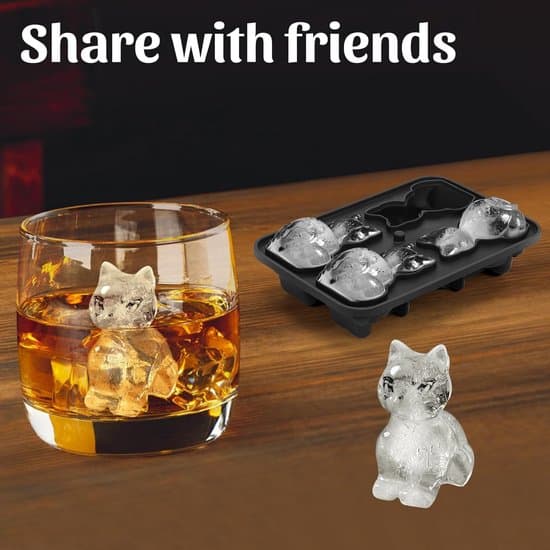 3D Cat Silicone Ice Cube Tray - Ice Cube Mold with Lid - 4 Compartments - Gray - Large Ice Cube Tray - Easy Release - For Whiskey and Beer