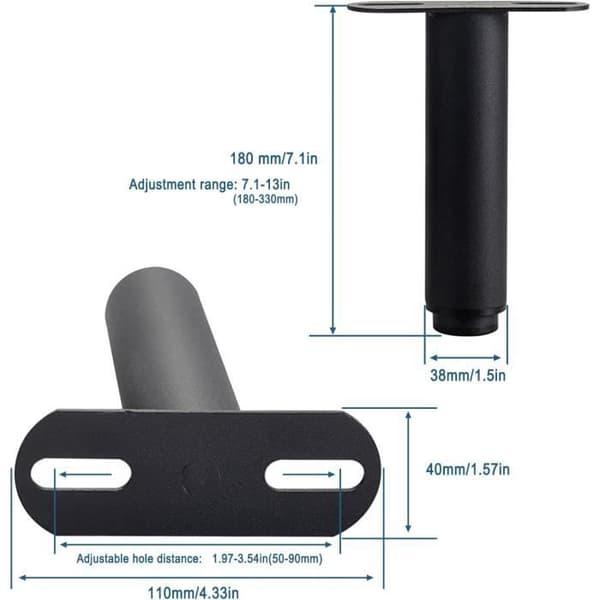 Bed Legs - Adjustable Support Legs for Bed Frames - Adjustable Metal Legs - Height 18 to 33 cm - Set of 2 - Black