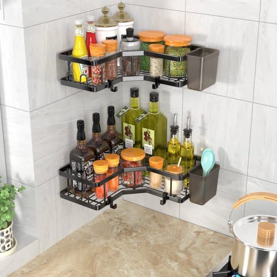 Self-adhesive shower shelf corner shelf for bathroom organization - stainless steel - 2 pieces - black - 4 hooks - toothpaste holder