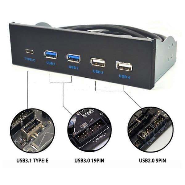 5.25 tums Usb3.1 Gen2 Frontpanel Usb Hub 2 Portar Usb3.0+2 Portar Usb2.0+1 Port Typ-C med Typ-E C