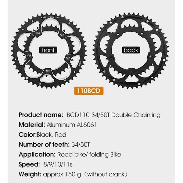 Vägcykel 110BCD 34T 50T Smal Bred Kedjehjul Cykel CNC-Legering Ultralätt Klättringskraftkedja