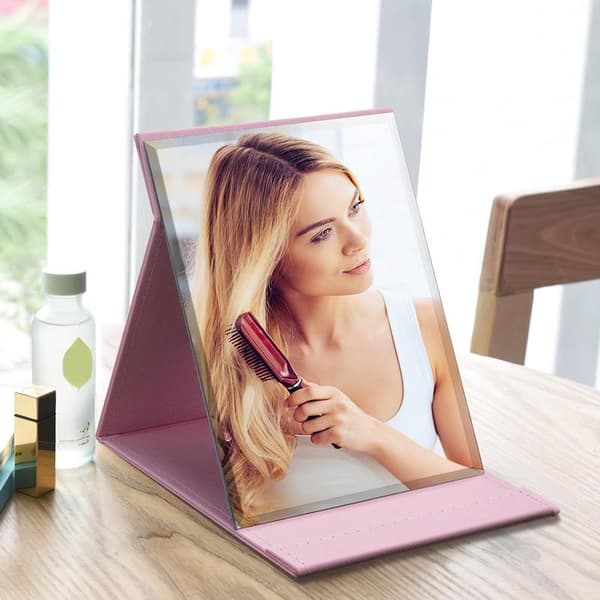 Portable Folding Makeup Mirror with Multi-Angle Adjustments and PU Leather Case - 21x15cm (Pink) for Home and Travel