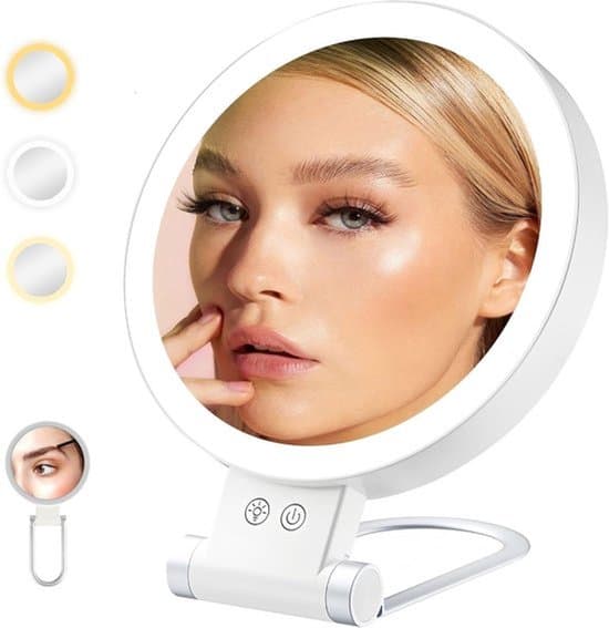 Mirror - 10x Magnifying Mirror - Double-Sided Makeup Mirror with Light - Adjustable Brightness - Rechargeable Foldable LED Table Mirror