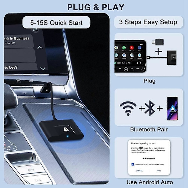 Android Auto Trådløs Adapter for Kablet Android Auto Bil Plug & Play Enkelt Oppsett AA Trådløs Android