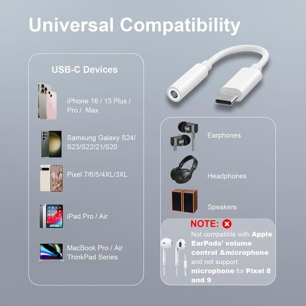 2-pak USB-C til 3,5 mm hovedtelefonstikadapter, MacBook, iPad Pro, Pixel 7/6/5., Samsung S21-24, USB-C til AUX-lydadapterkabel. Egnet