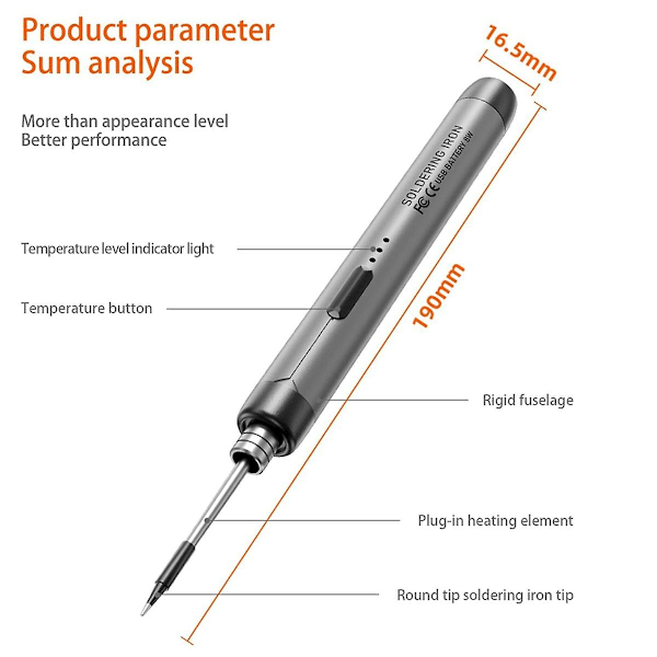 USB-laddningsbar bärbar lödkolv, 3 hastighetsinställbar temperatur USB-elektrisk lödkolv Mini lödkolv-kit Grå