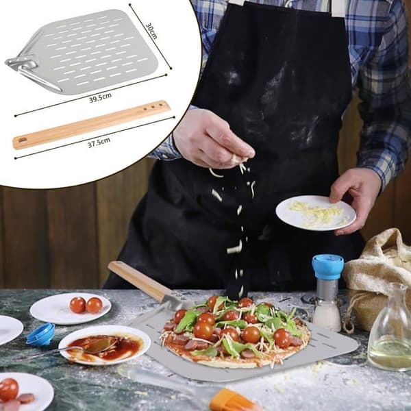 Pizzaspade, 12 tommer 40 x 30 cm perforert pizzaspade i rustfritt stål, profesjonell stor overflatestøtte med langt håndtak