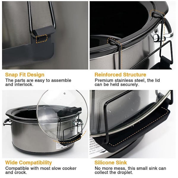Lokkholder for Slow Cooker, Grytelokkholder med Silikonvask, Lokkorganisator i Rustfritt Stål Passer de Fleste Slow Cookere og Gryter B