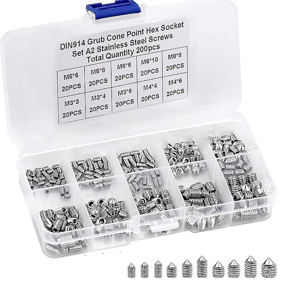 200 stycken spårs skruvar Hex M3 M4 M5 M6 M8 Allen skruvar rostfritt stål Center Punch skruvar dörrhandtag Allen skruvar avsmalnande spårs skruvar sortiment Scr