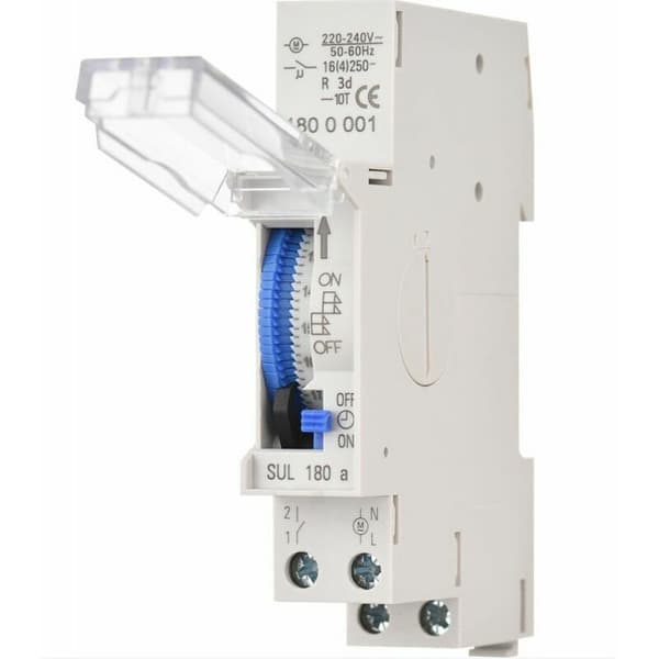 24-timmars mekanisk timer – 15-30 minuters programmering – DIN-skenmontering – AC220-240V spänning – Integrerat 1.2V 40mAh Ni-MH-batteri