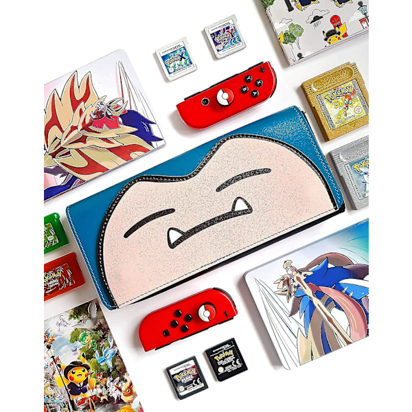 Switch Case Kompatibel med Nintendo Switch og Switch OLED, Sød Læder Rejse Clutch med Spilholder - Snorlax Blå