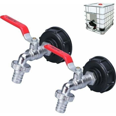 1000L Tankkran, Regnvannsoppsamlingskran (2 stk), IBC Vanntankadapter, 1/2\" Dobbel Messingkran, Laget av PP, 60mm (1/2\") Grovgjenge